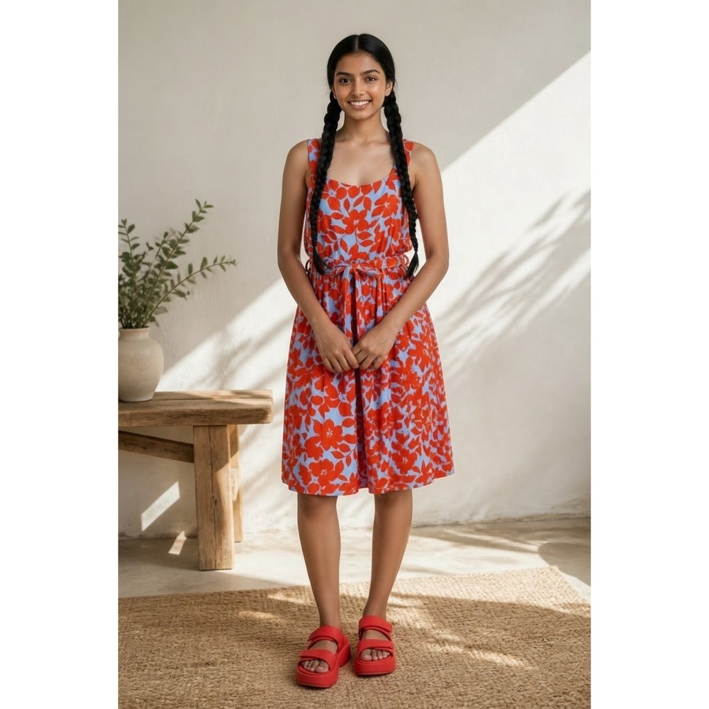 Draper James RSVP Womens Blue Red Floral Linen Blend Smocked Midi Dress Large - Picture 1 of 6